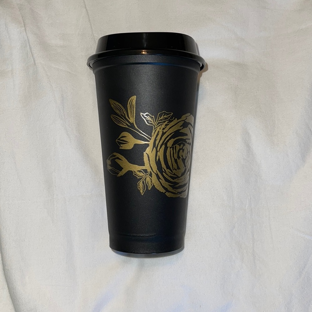 New Starbucks Hot Reusable Cup Grande Black with Gold Rose Design